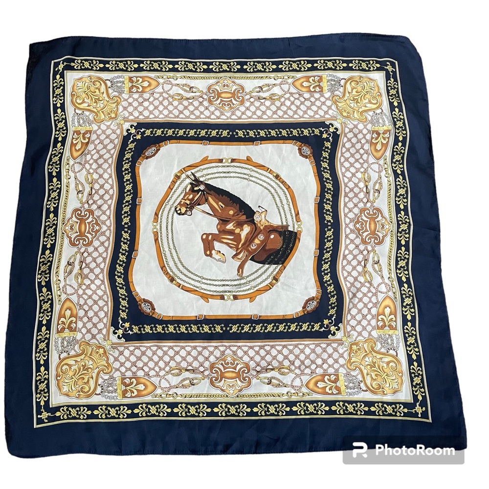 Vintage Satin Scarf Horse Equestrian Printed Blue Gold Square 27” Head Neck